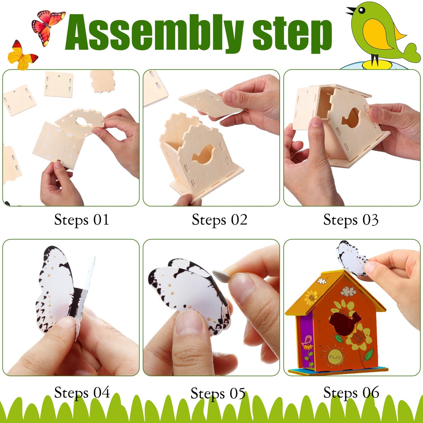 Sawysine 93 Pcs DIY Birdhouse Kits for Kids to Build, 36 Wooden Bird House 6 Shapes and 57 Butterfly Sticker for Children Spring Craft Activity Art Project DIY(Multiple Entrance)