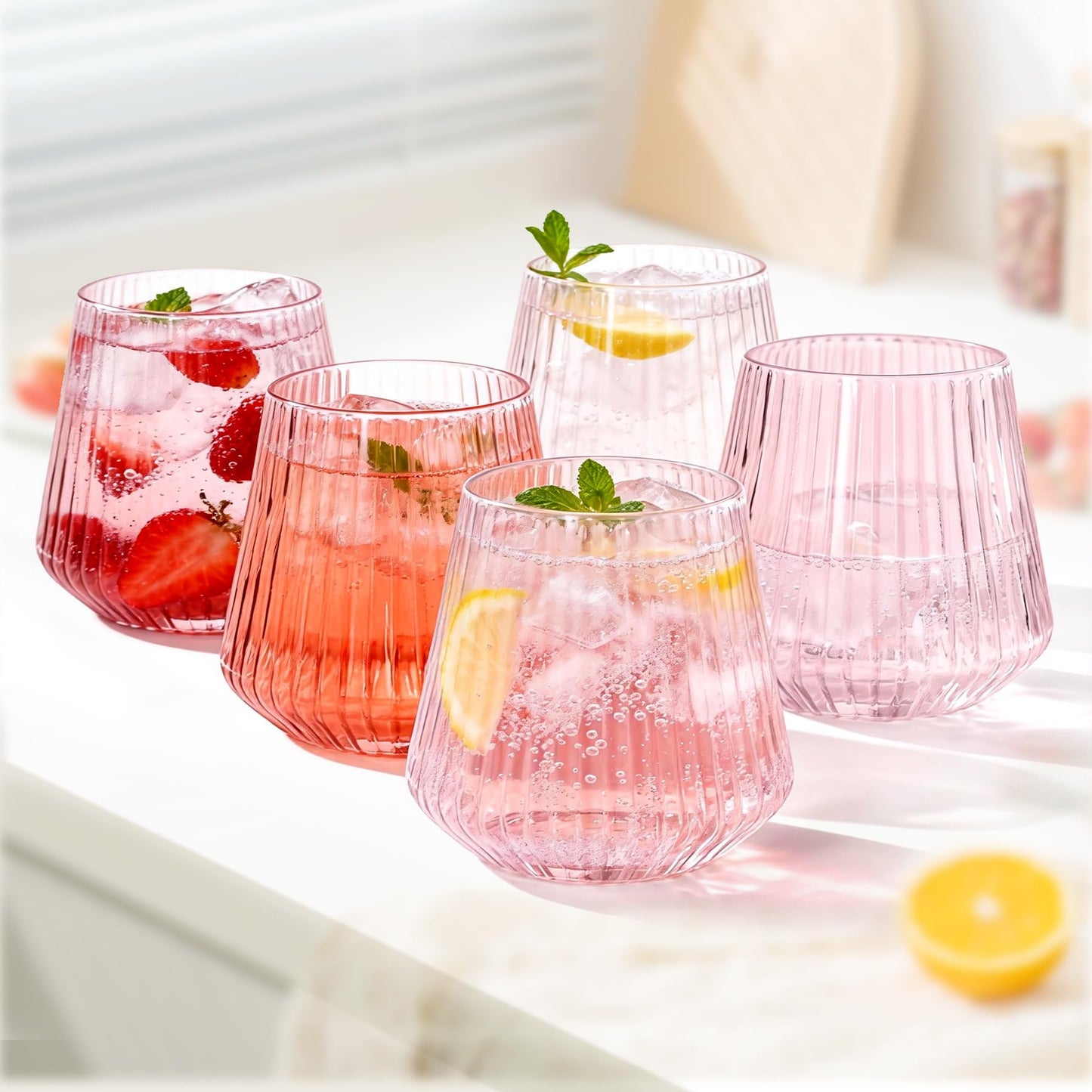 N9R 40 Count Pink Plastic Wine Glasses Disposable 14oz - Elegant Origami Ripple Design, Shatterproof & Disposable for Whiskey, Cocktail, Champagne, Parties, Weddings, Events