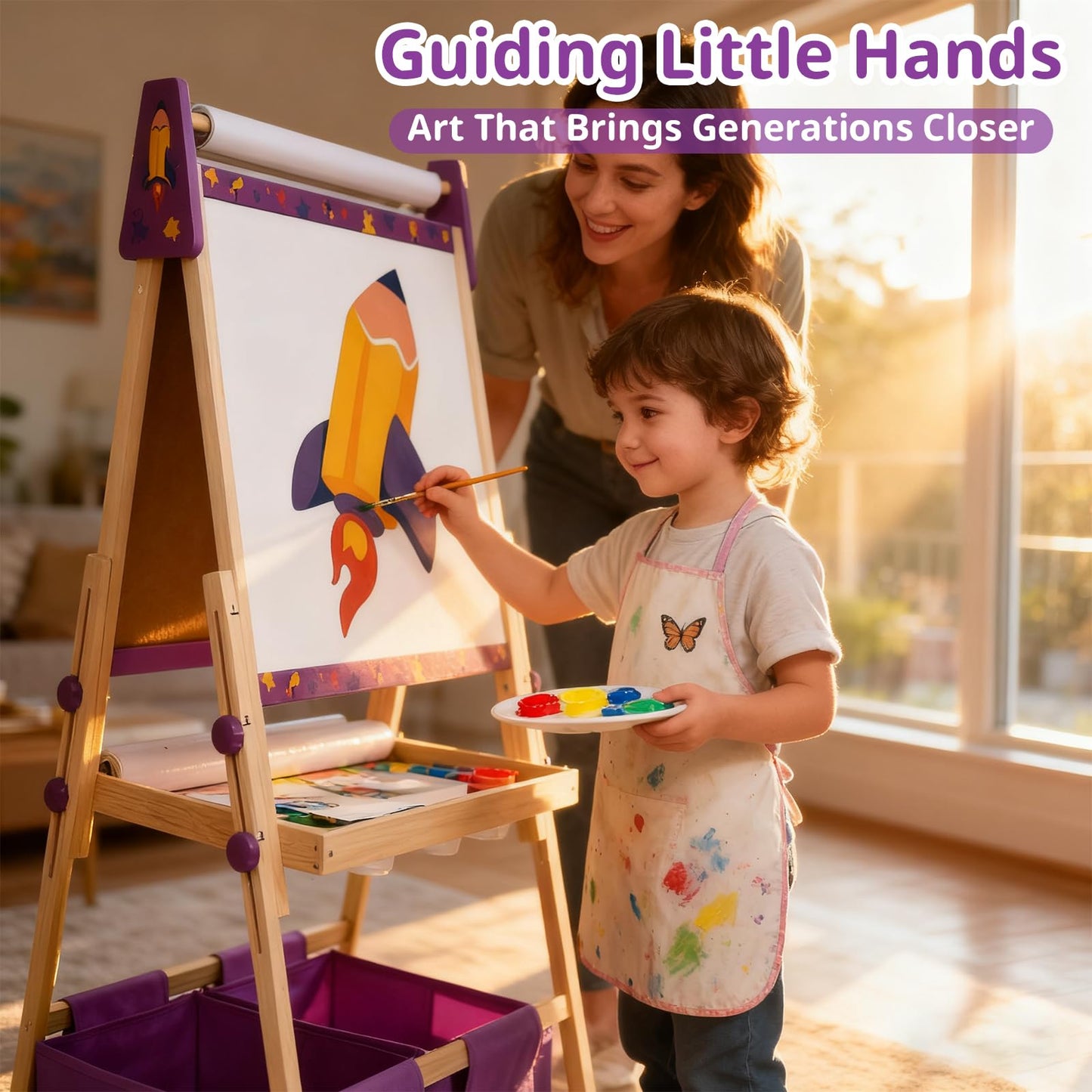 Art Easel for Kids with 3 Paper Roll, Magnetic Whiteboard and Chalkboard,Adjustable Standing Wooden Toddler Easel for Painting Double Sided,3in1 Painting Easel for Kids 2-4 4-8 Boys Girls Gift Purple