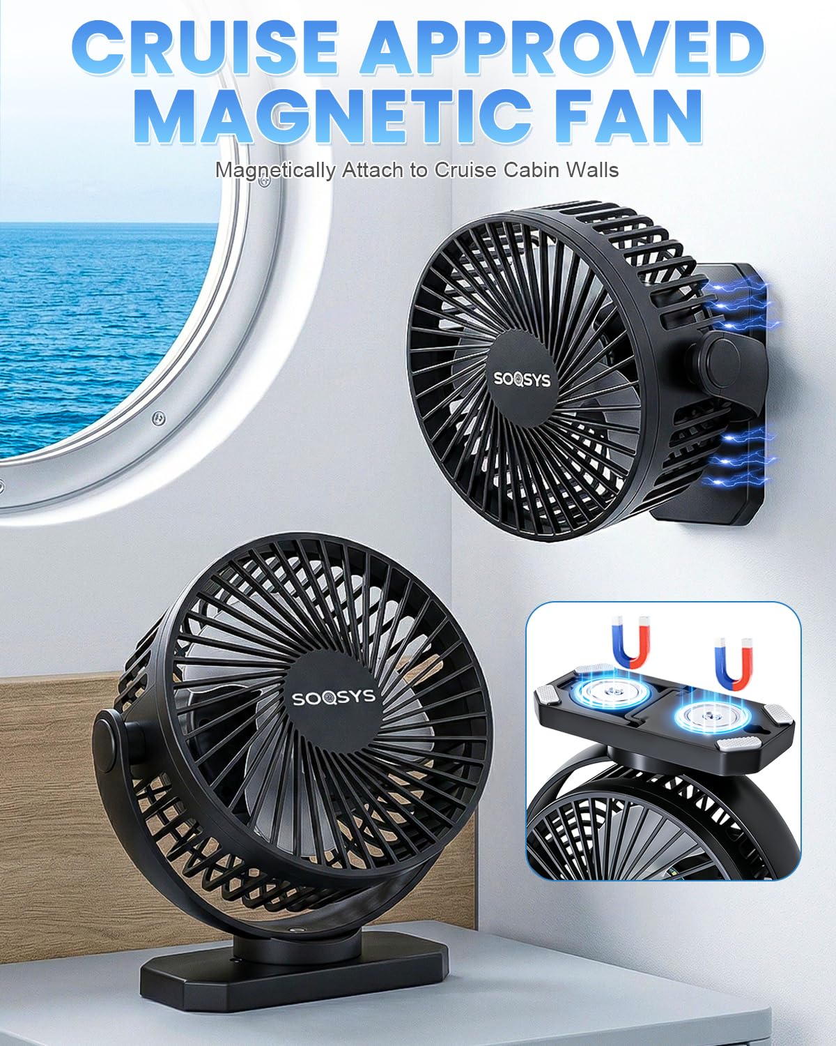 SOQSYS 2 Pack Cruise Approved Magnetic Fan with 12000mAh Rechargeable Battery, Cruise Fan with 3 Speeds, Timer, Led Lights, Bottom Hook, Portable Fans for Camping Travel Cruise Essentials