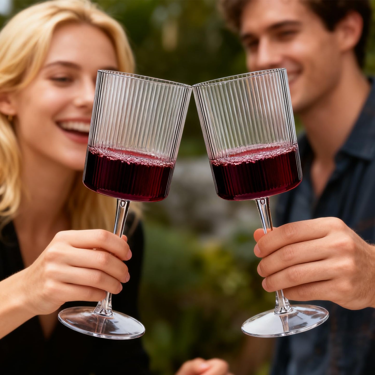 YOUBET 24 Pack Plastic Ribbed Wine Glasses - 10 OZ Clear Square Wine Glasses with Stem - Heavy Duty Vintage Disposable Champagne Cups for Wedding Parties