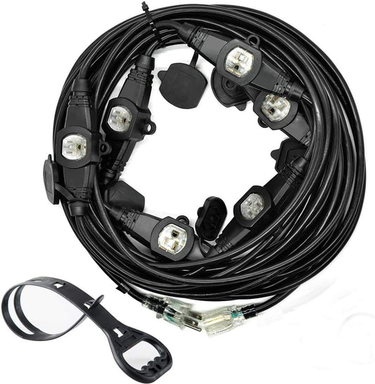 Yodotek 50FT Multiple Power Extension Cord Black,7 Evenly-Spaced Inline Outlet, LED Indicator.16 Gauge 13Amp 1625Watts,Weatherproof Ideal for Outdoor Landscaping Lighting,Holiday Decoration ETL Listed
