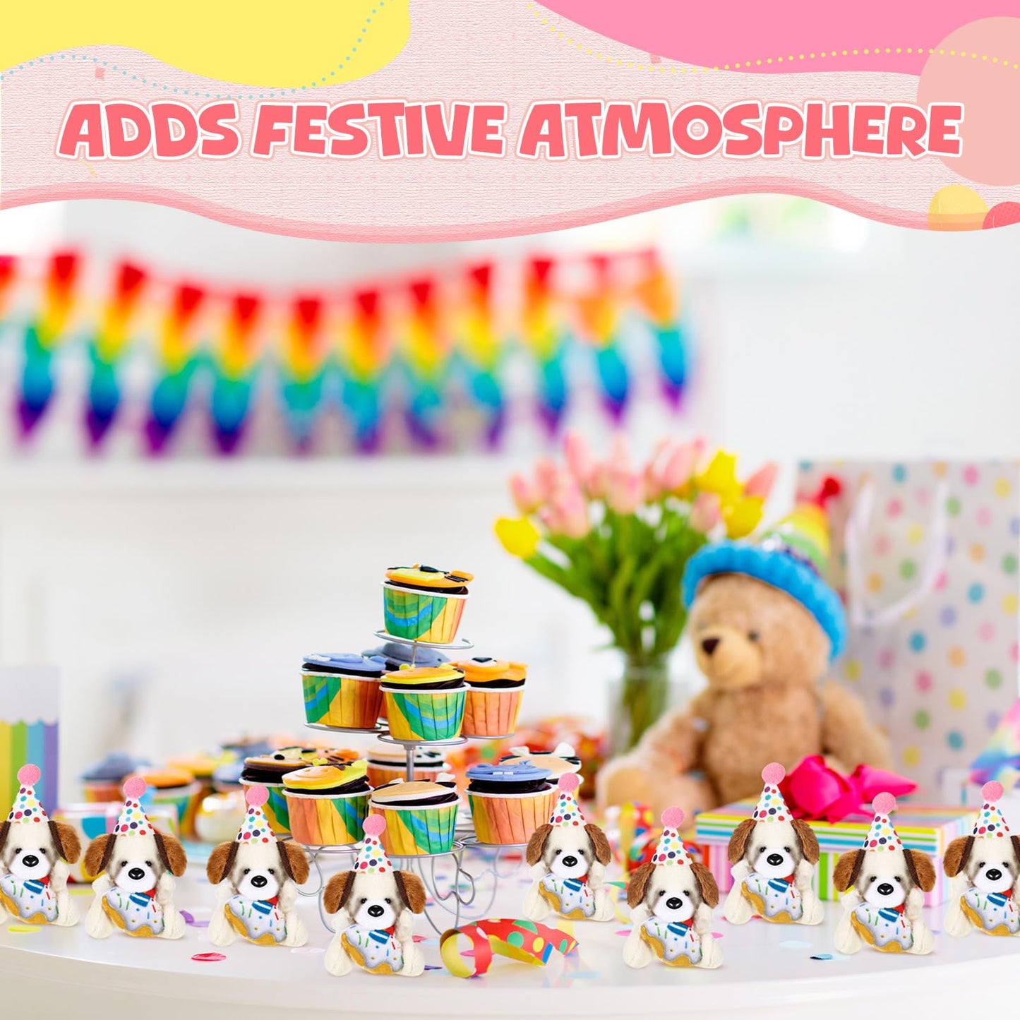 Gejoy 24 Pcs Mini Birthday Puppy Dog Stuffed Animal Bulk Plush Toy with Birthday Hat Cute Soft Puppy Toy Bulk for Goodie Bag Filler Exchange Gift Party Game Reward Carnival Prize