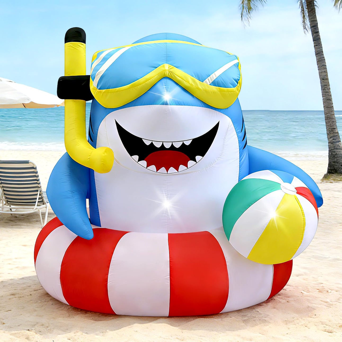4FT Inflatable Shark with Beach Ball for Summer Outdoor Decor, Blow Up Shark Built-in 3 LED Lights for Beach Pool Ocean Party Decorations, Birthday Party Supplies, Yard Garden Indoor Photo Backdrop
