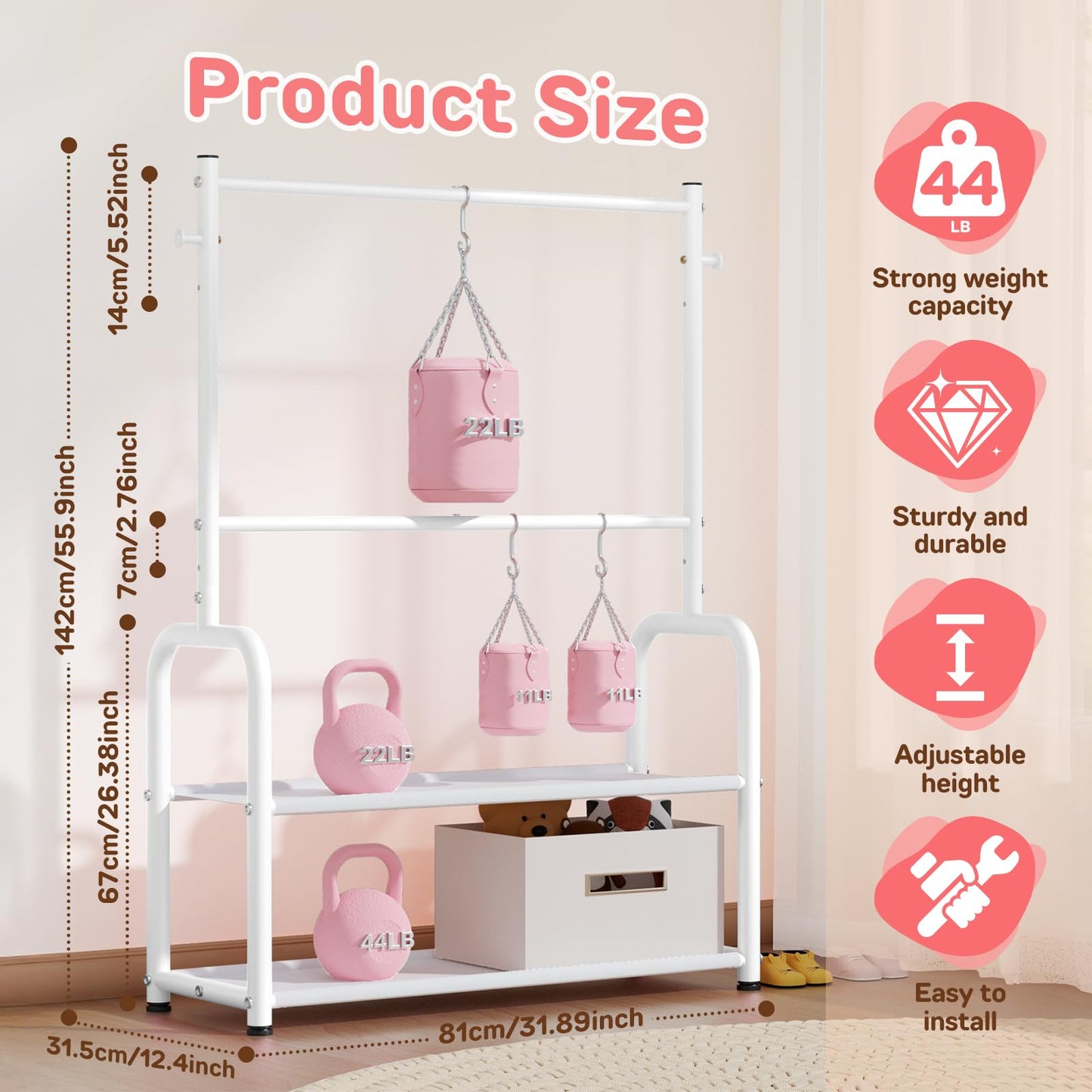 ZHKINGGS Kids Clothing Rack with 2-Layer Storage Shelf and 2 Adjustable Hanging Rods, Dress Up Rack for Hanging Clothes,Dress up Storage for Baby Toddle Kids(Classic, White)