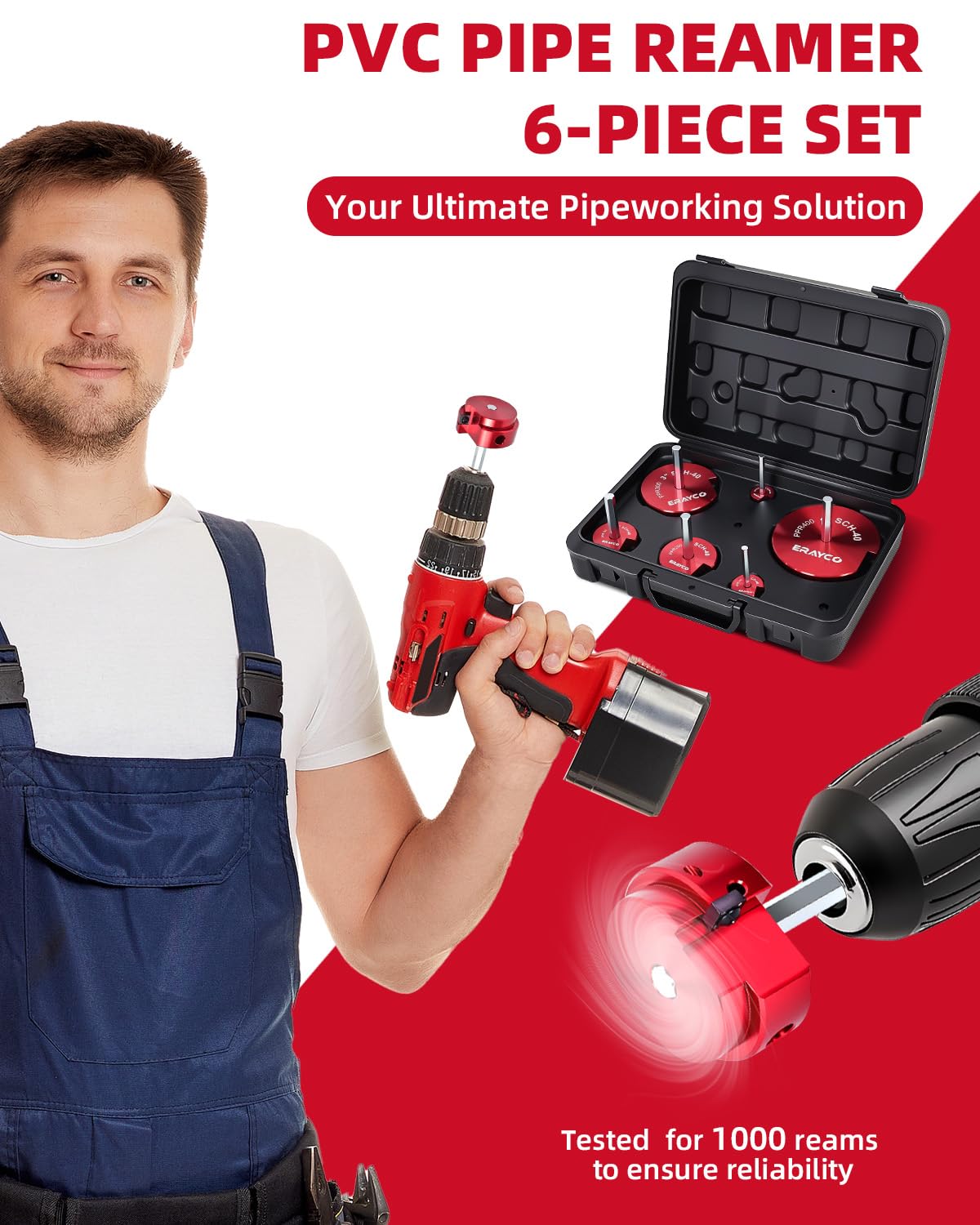 ERAYCO 6PCS PVC Pipe Reamer Kit, Plastic Pipe Fitting Reamer Tool, Fit into Standard 1/2" Drills, PVC Fitting Saver for SCH40 PVC CPVC ABS Pipe (3/4'', 1'', 1-1/2'', 2'', 3'', 4'')
