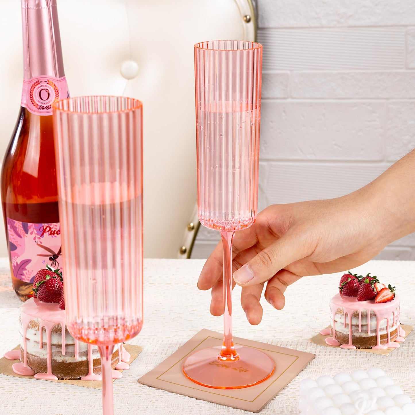 Joyido 36 Pack Pink Plastic Champagne Flutes - 6oz Ribbed Disposable Champagne Glasses - Clear Pink Vintage Mimosa Glasses with Long Stem Elegant & Lightweight for Wedding Party