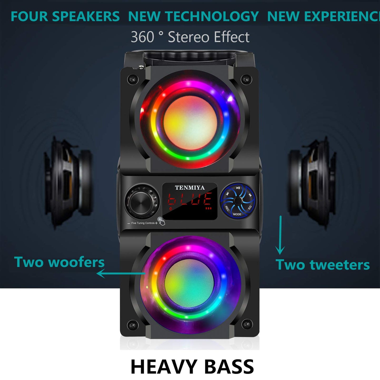 Bluetooth Speaker, 40W (60W Peak) Portable Wireless Speaker with Colorful Lights, Double Subwoofer Heavy Bass, FM Radio, MP3 Player, Loud Stereo Speaker for Home Outdoor Party Camping