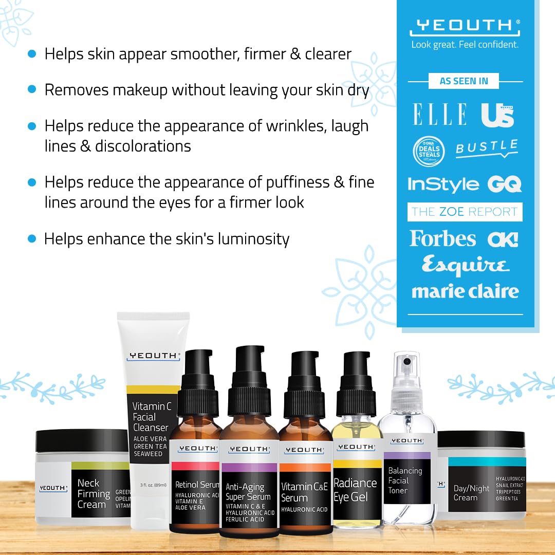 YEOUTH Skin Care Set: Retinol Serum with Hyaluronic Acid, Vitamin C & Super Face Serum, Cleanser, Toner, Eye Gel, Neck Cream, Face Cream 8-Piece