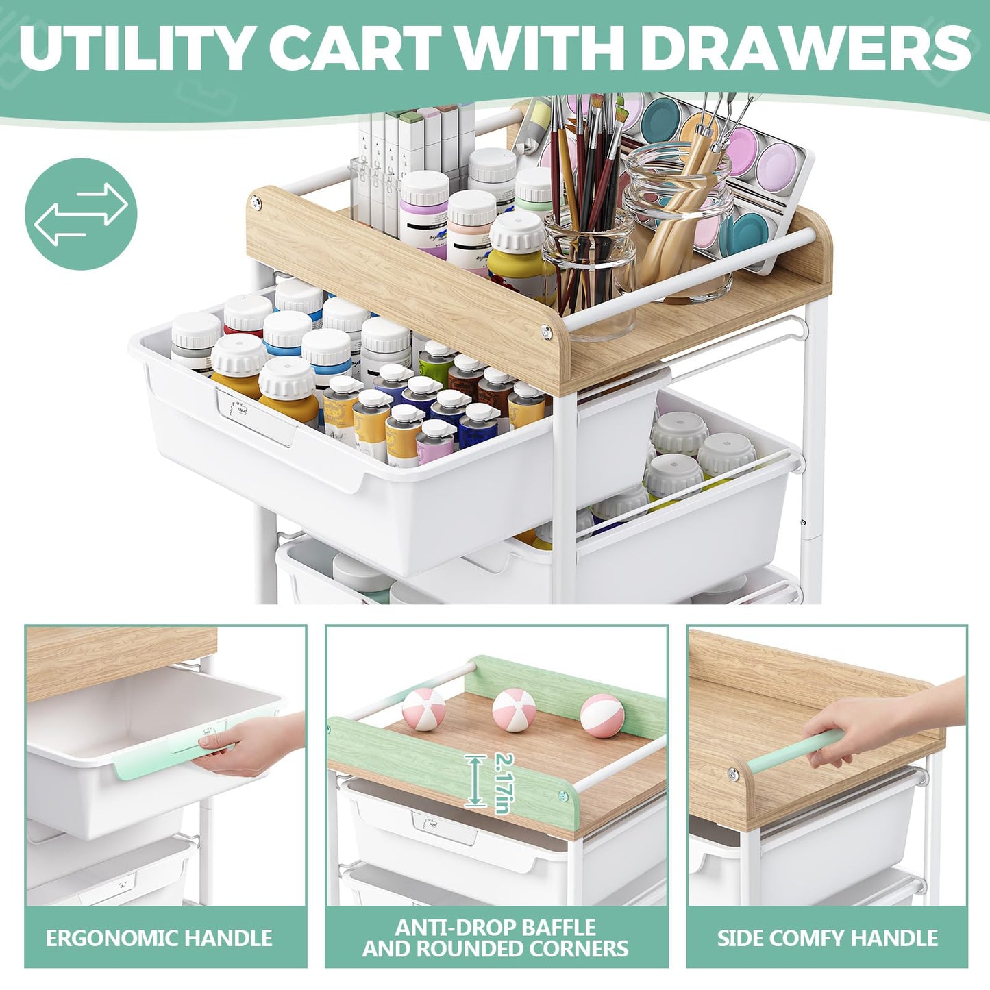 SYKIARIOL Rolling Cart with 5 Drawers,Art Craft Cart,Storage Utility Cart with Wheels,Makeup Organizer with Wooden Tabletop,White