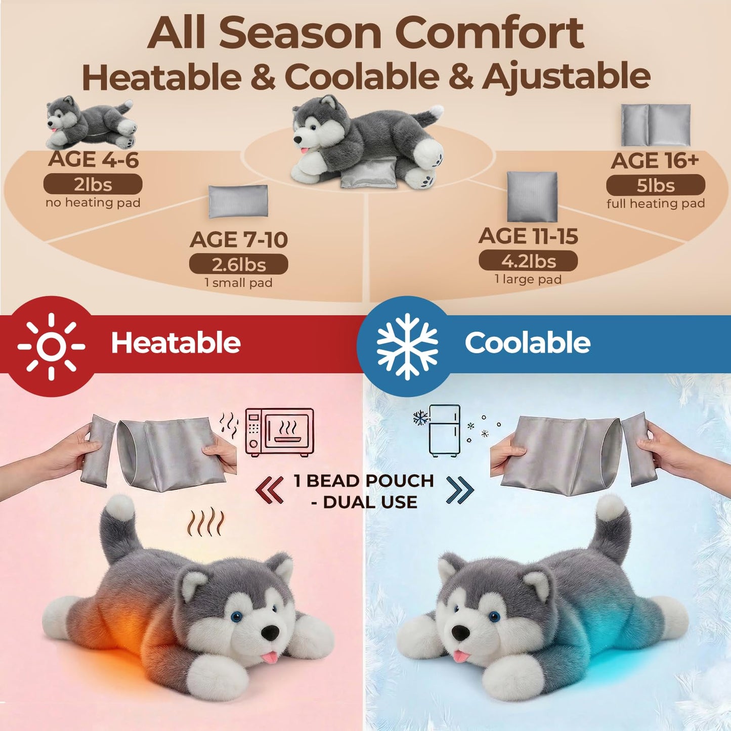 Mewaii Weighted Stuffed Animals with Microwavable Heating Pad - 5 lbs Adjustable, Heatable & Coolable Dog Stuffed Animal for Realistic Hug, Removable Inner Pad, Plush Gifts for Adults & Kids(23 Inch)