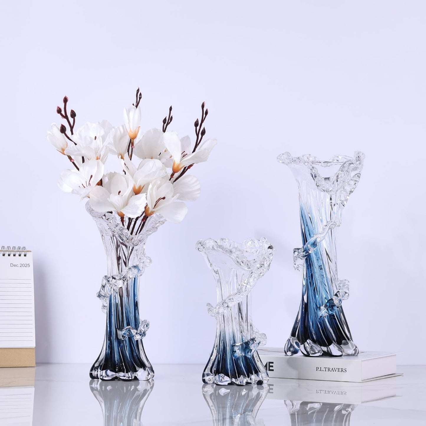 Hand Blown Blue Glass Vase, Unique Art Beautiful Ocean Glass Vase for Coastal Home Decor, Coffee Table, Living Room, Office Decor - 9.8" H (Medium)