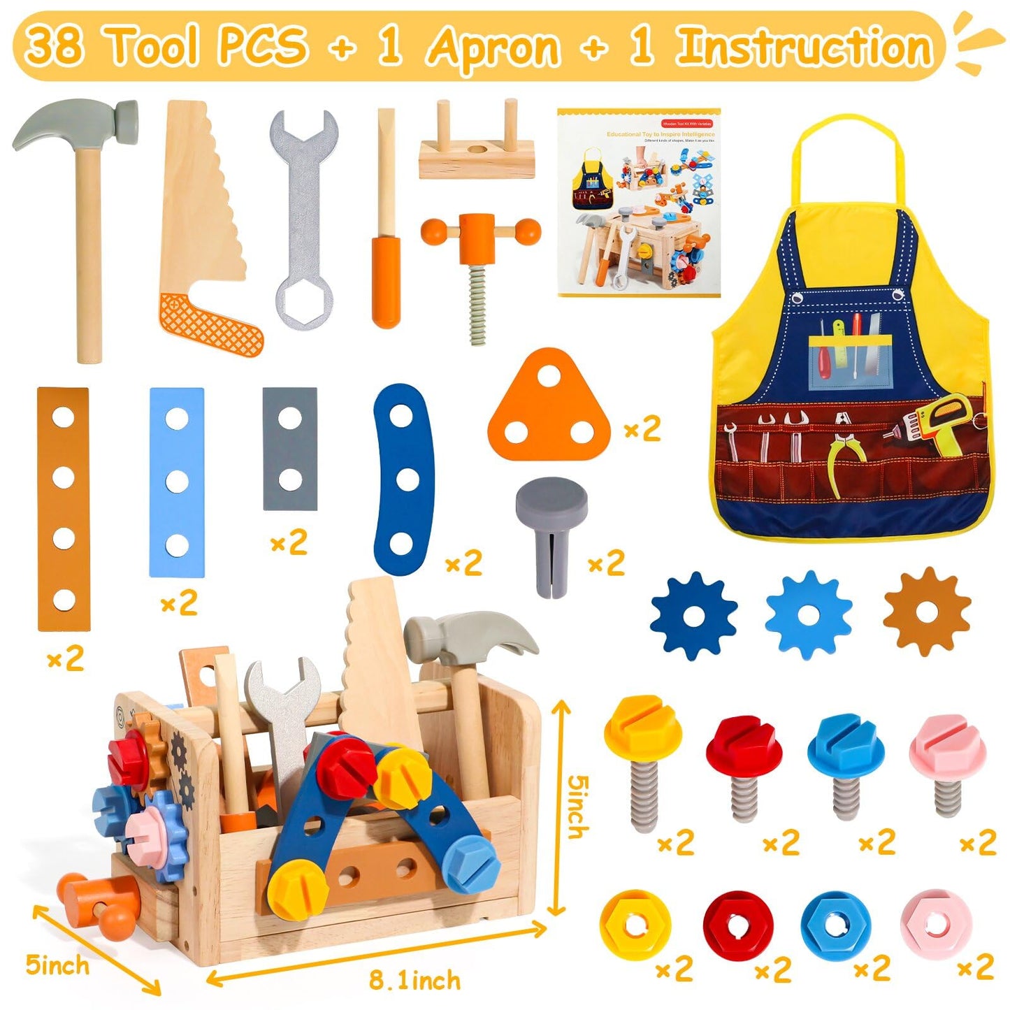 TONZE Kids Tool Set with Apron Wooden Toddler Tool Bench Box Montessori Toys for 2 3 4 Year Old Boys Girls Educational STEM Building Toys Pretend Play Toddler Toys 3 to 5 Years Old Birthday Gift