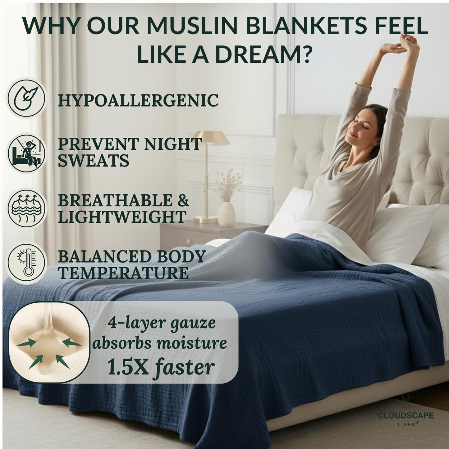CLOUDSCAPE 4 Layer Muslin Blanket for Adults, 100% Cotton Blanket King Size, 92" x108'' Fits Up to Cal King, Ultra Soft Lightweight Bedding, Breathable Gauze Cotton Summer Blankets - Ensign Blue