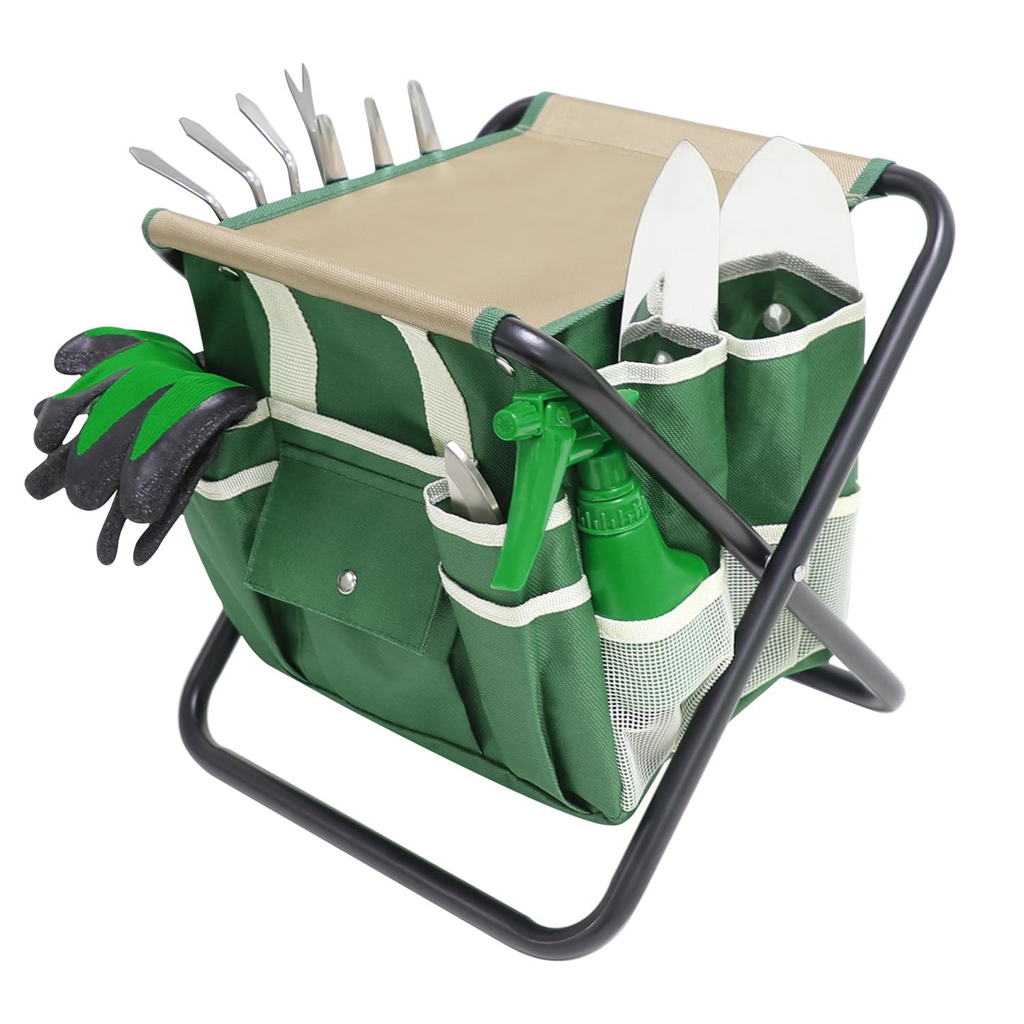 HoHaing Garden Tool Set, 10 Piece Gardening Kit with Heavy Duty Folding Stool, Gardening Tools with Detachable Storage Tote Bag, Stainless Steel Garden Tools, Gardening Gifts for Women Men Green
