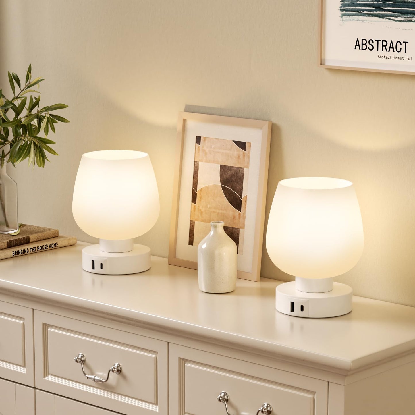 Seealle Touch Table Lamp for Nightstand Set of 2 - Bedside Lamp with USB C+A Charging Ports for Bedroom Living Room Night Stands, Desk Lamp with White Glass Shade for Small Spaces, 3 Way Dimmable