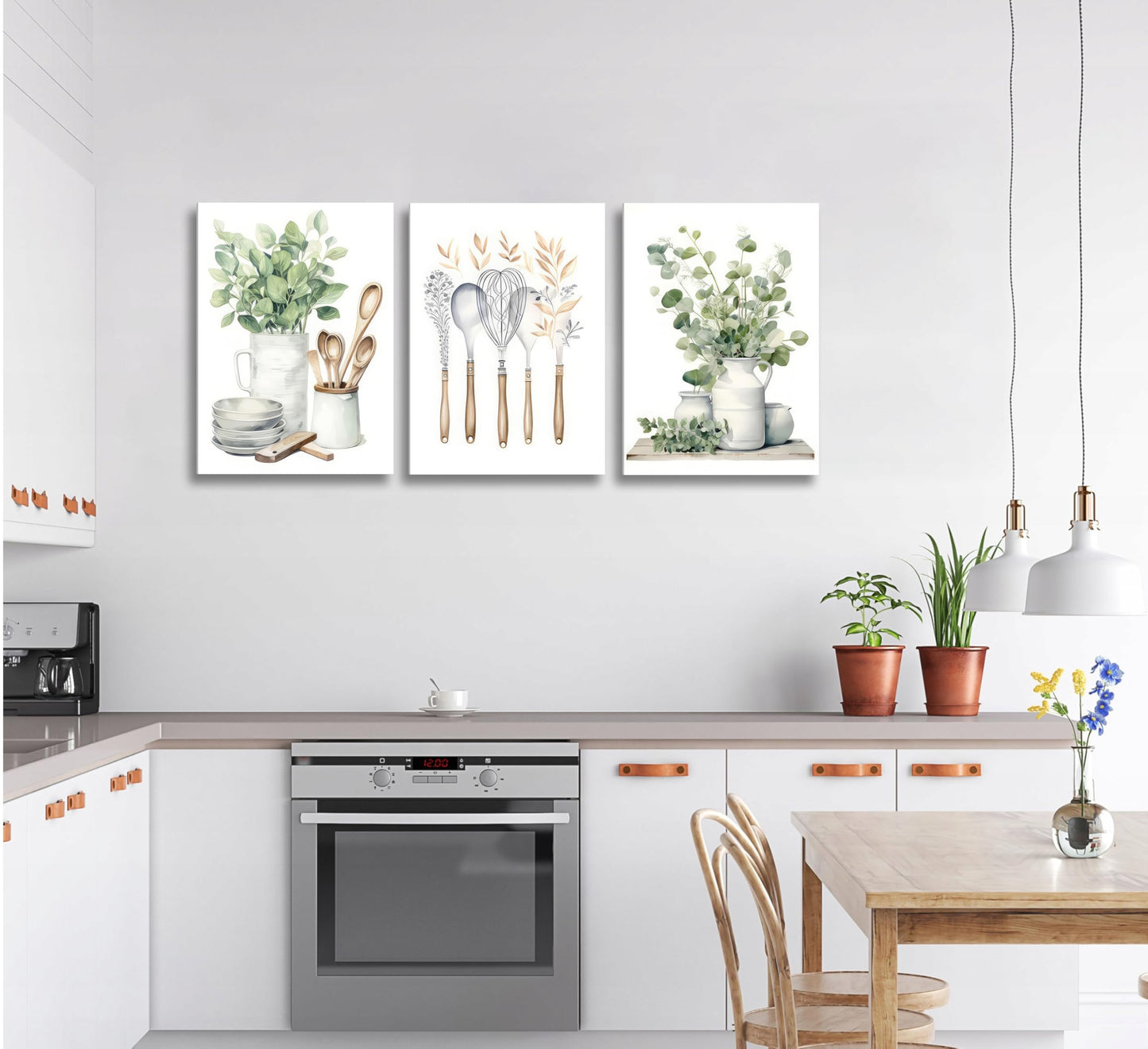 Boho Farmhouse Kitchen Canvas Wall Art Sage Green Plants Painting Pictures Dining Room Wall Decor Eucalyptus Leaves Green Botanical Poster Print Artwork for Farmhouse Kitchen Home Decoration
