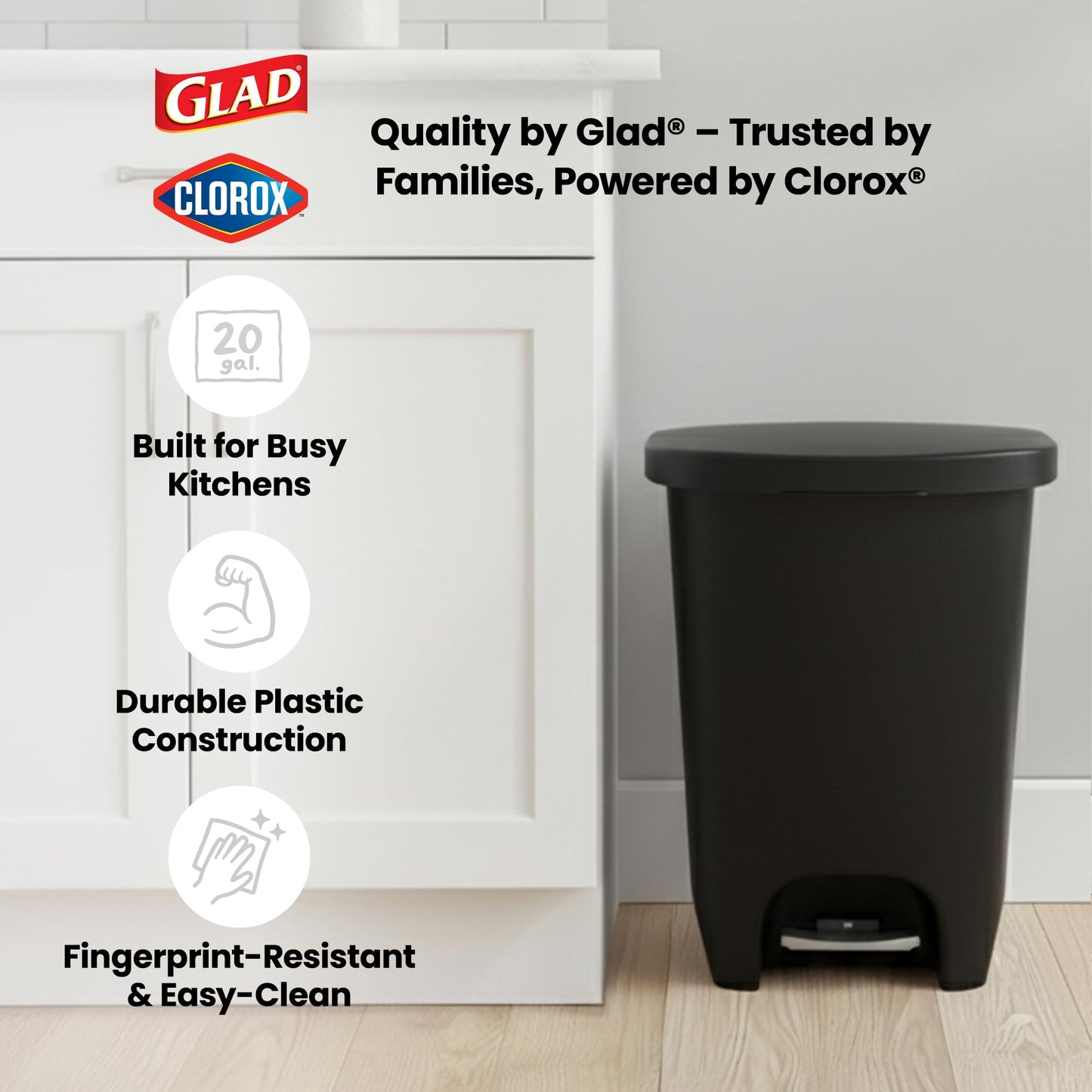 Glad 13 Gallon Trash Can with Clorox Odor Protection, 2 Pack | Plastic Kitchen Waste Bin | Hands Free with Step On Foot Pedal and Garbage Bag Rings, Black