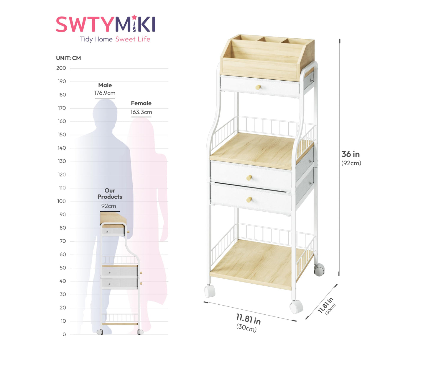 SWTYMIKI Rolling Makeup Organizer Cart - Floor Skincare Storage with Non-woven Drawers, Vanity Organizer Cosmetic Display Cases with Wheels, Cabinet for Skin Care Perfume Nail Polish Brush Hair Tool