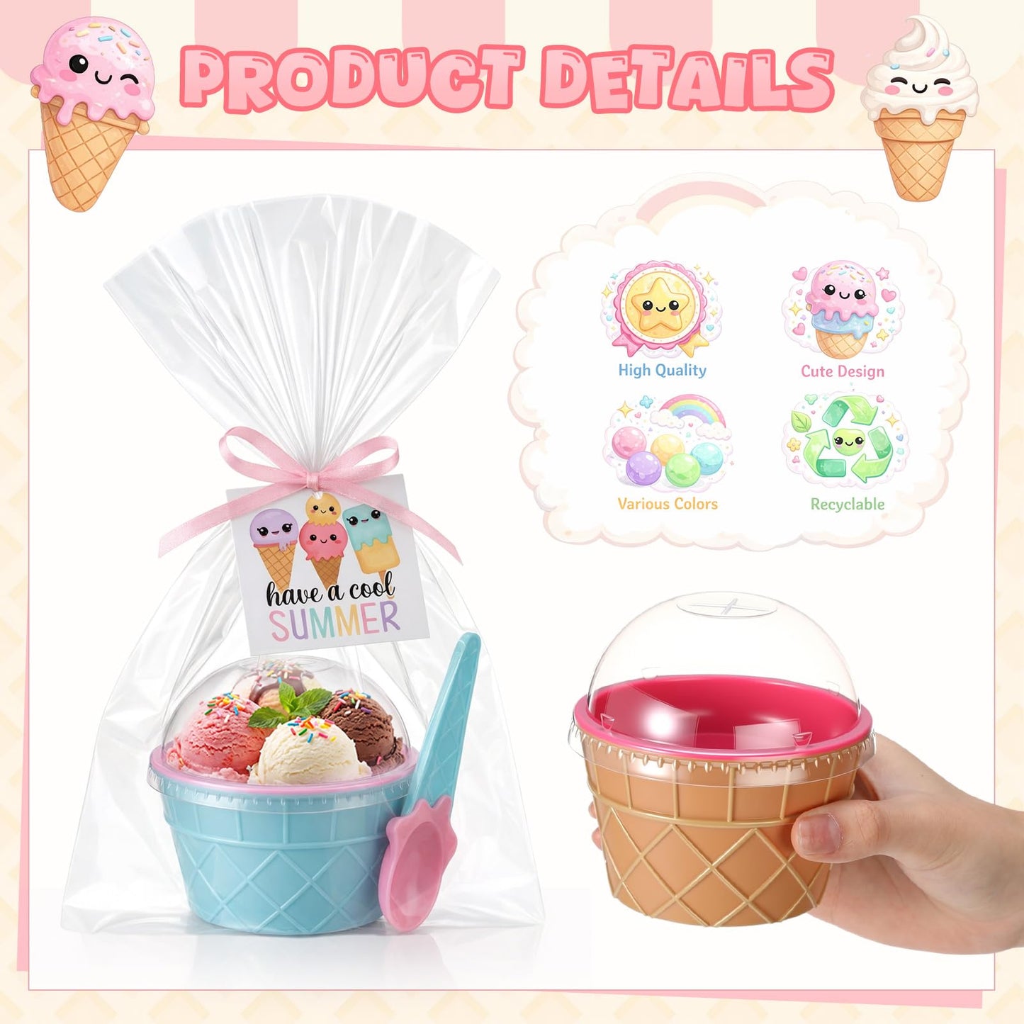 Maxdot 36 Pack End of Year Gift Ice Cream Bowl Set with Spoons, Clear Dome Lids, Gift Bags & Cards and and Pink Ribbon Reusable Plastic Dessert Cups for Yogurt, Party Favors, Summer Events