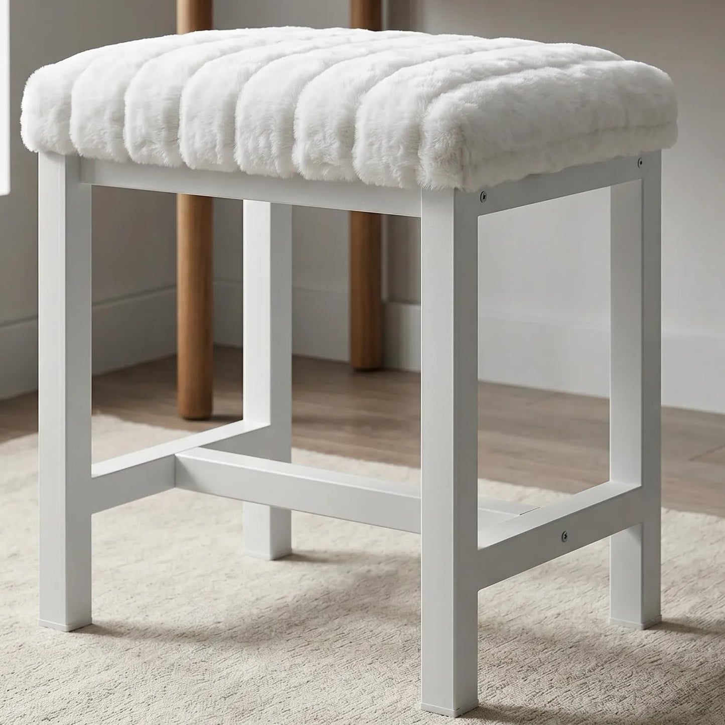 Small Plush Vanity Stool, Cute Vanity Stools with Soft Faux Rabbit Fur Cushion, White Makeup Vanity Chair for Small Spaces, Living Room, Bedroom, Entryway, Ottoman Foot Rest for Couch Sillas Modern