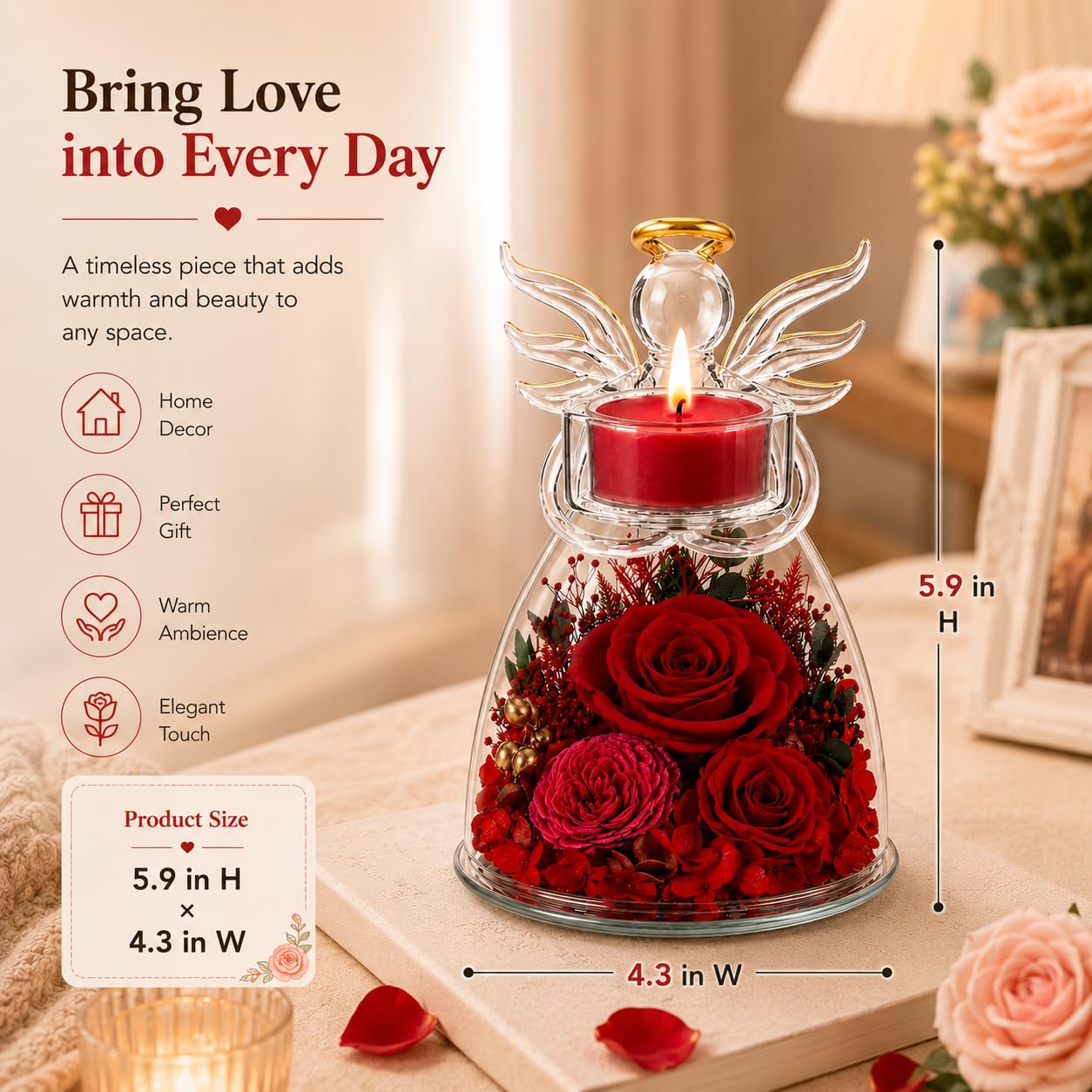 Agrul Birthday Gifts for Wife Girlfriend Women, Preserved Red Rose in Glass Angel Candle Holder, Romantic for Her, Forever Flower Home Decor