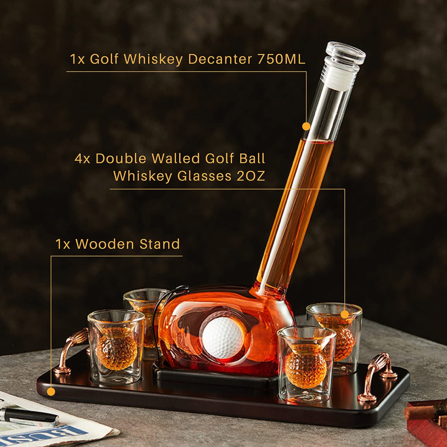 CRAFTGEN Golf Whiskey Decanter Set with 4 Golf Ball Shot Glasses, Unique Golf Gifts for Men Women, 750ml Golf Themed Liquor Dispenser, Golf Club Drink Dispenser for Bourbon, Scotch, Vodka, Tequila