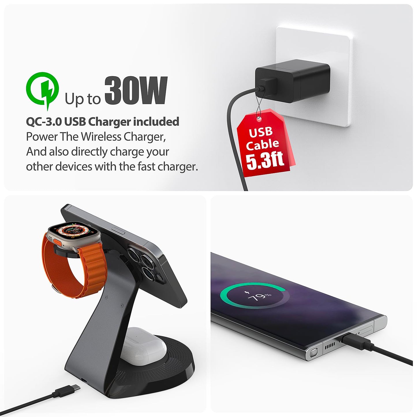 3 in 1 Charging Station for Apple Devices,Mag-Safe Charger Stand Fast Charging,Wireless Charger for iPhone 16/15/14/13/12 Series,& AirPods,& iWatch(USB-C Charger Included)