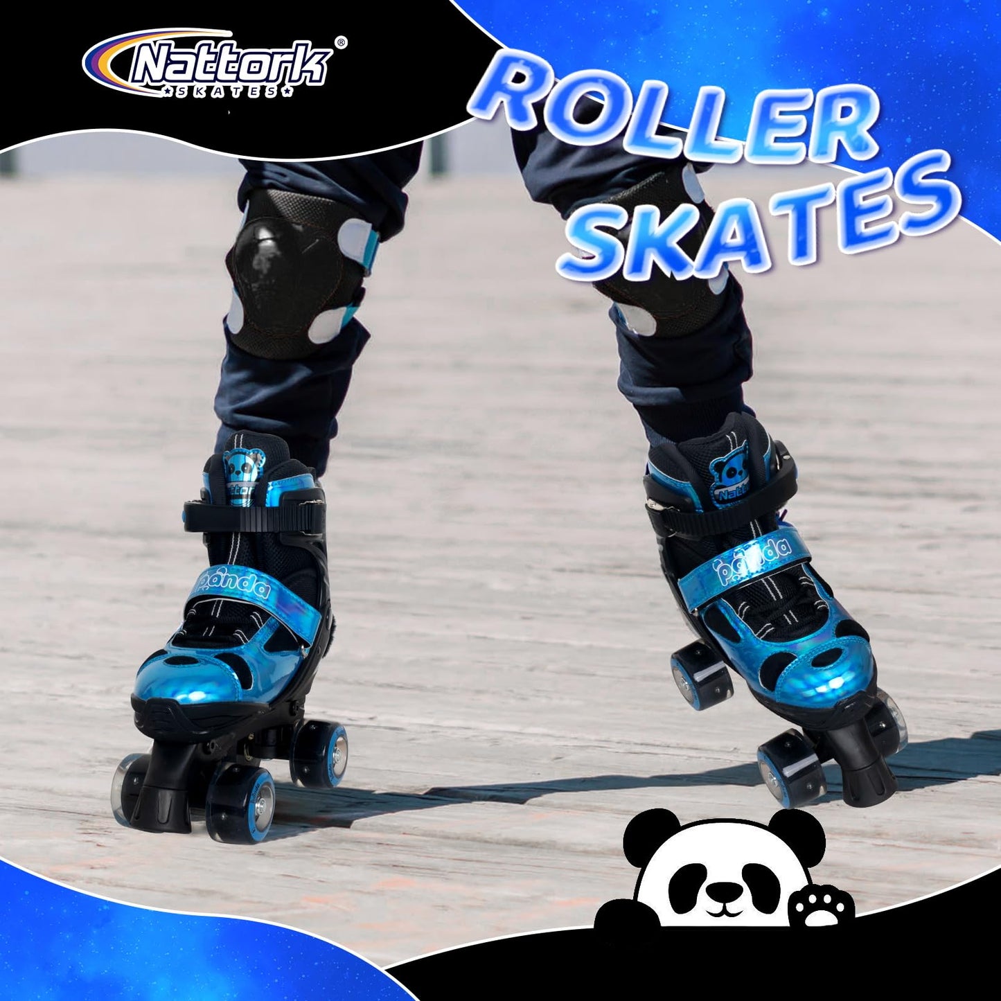 Nattork Kids Roller Skates for Girls Boys, 4 Size Adjustable Blue Panda Quad Skates with All Light up Wheels, Beginner Roller Skates - Birthday Gift for Outdoor Indoor