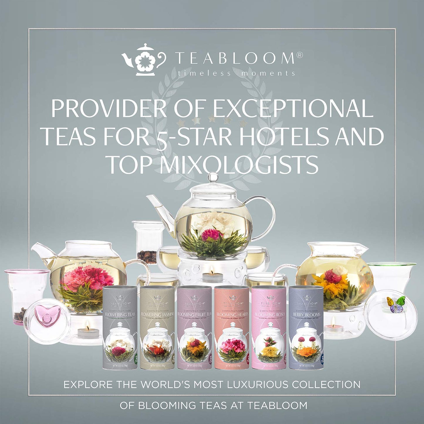 Teabloom Complete Tea Set – Glass Teapot (40 oz), Loose Tea Glass Infuser, 4 Insulated Glass Teacups, Tea Warmer, and 12 Flowering Teas – Elegant Blooming Tea Gift Set