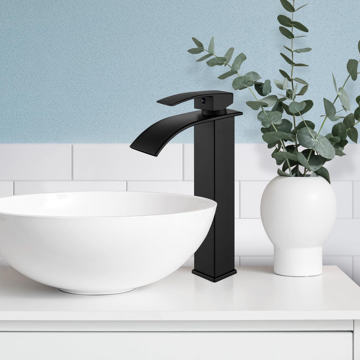 gotonovo Waterfall Tall Bathroom Faucet Single Handle Bathroom Faucets for Sink 1 Hole Stainless Steel Vessel Sink Faucet Modern Mixer Tap Wash Basin Faucet with Pop Up Drain, Matte Black