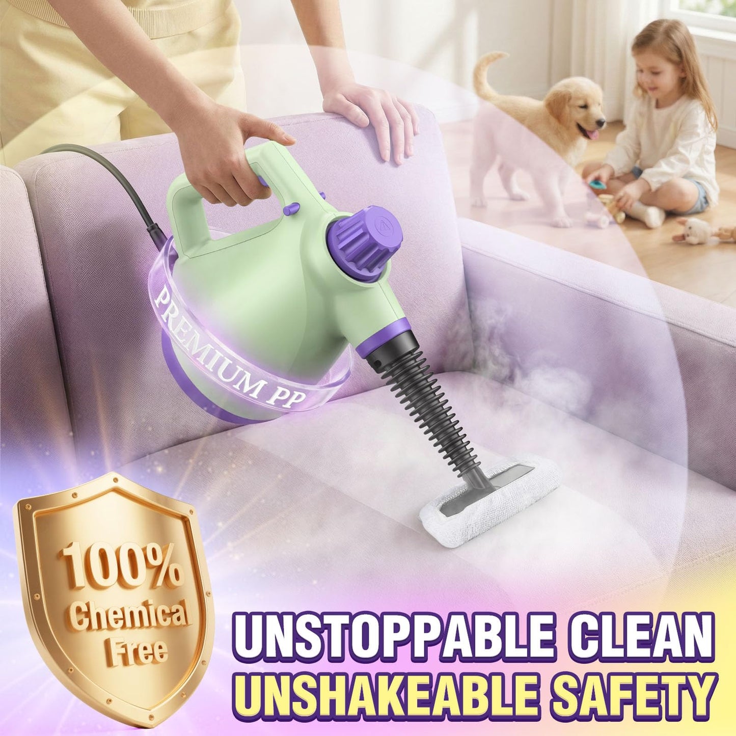 1050W Powerful Steam Cleaner with 9pcs Accessories & Safety Lock, Quick Heating Pressurized Handheld Steam Cleaner for Home, Multi-Surface Steamer Cleaner for Car, Window, Bathroom, Grout and More