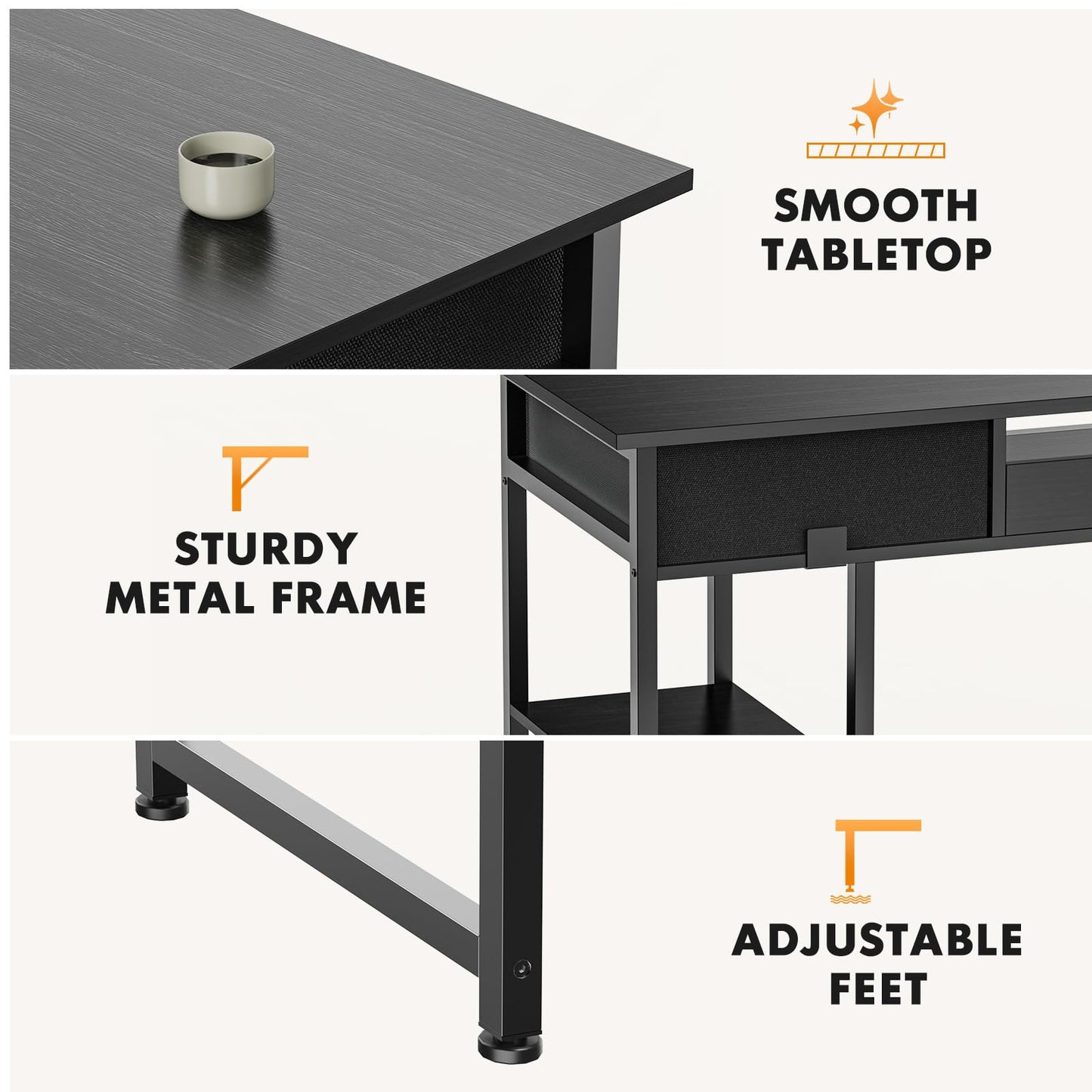 Sweetcrispy Computer Gaming Desk with Drawers- 48 Inch Home Office Bedroom Writing Study PC Table with Storage Shelves, Metal Frame Adjustable Feet, Pure Black