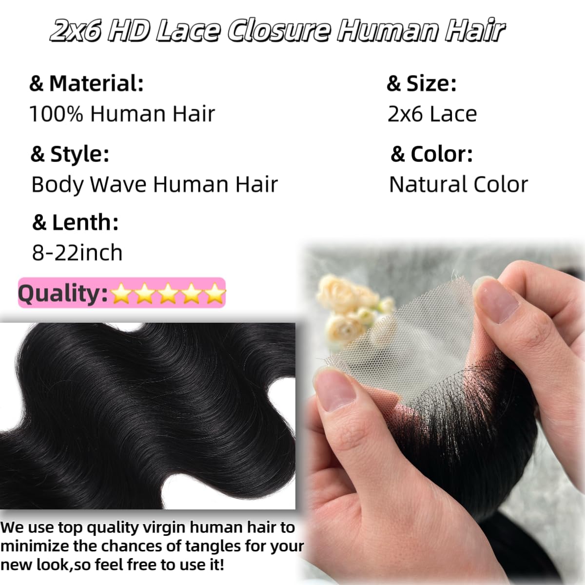 2x6 HD Lace Closure Body Wave Human Hair Transparent 2 by 6 HD Lace Closure 18Inch 100% Brazilian Virgin Unprocessed Middle Part Human Hair Kim K Closure With Baby Hair Natural Color