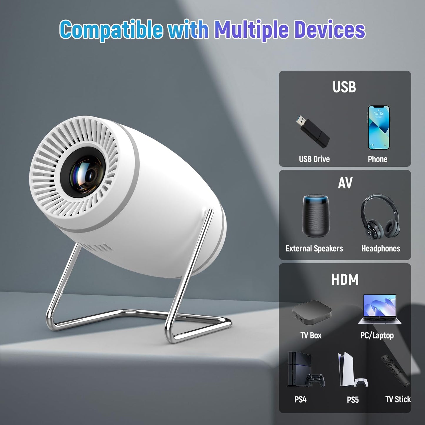 FEARWIKY Mini Portable Movie Projector with WiFi and Bluetooth, 4K 1080P Support, 180° Rotatable 130'' Screen, Auto Keystone Compatible with HDMI/USB/Smartphone/PC/Laptop