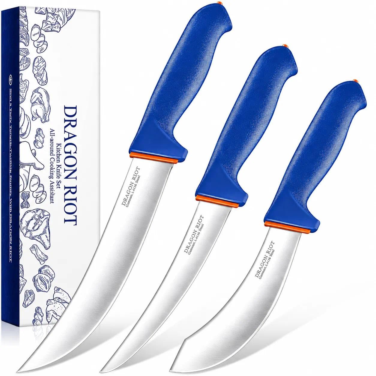 DRAGON RIOT 3 Pcs Butcher Knife Set, Stainless Steel Boning & Carving Knives, Sharp Kitchen Cutlery for Meat Cutting Trimming, Perfect for Home Kitchen, Outdoor Camping BBQ & Holiday Gift