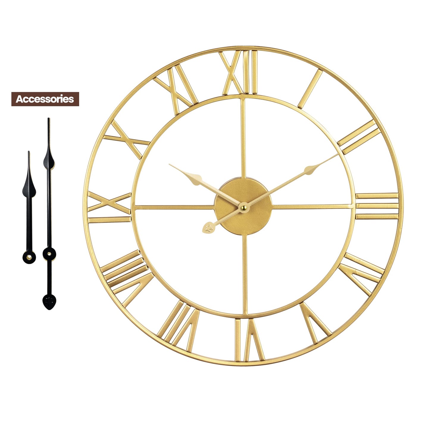 1st owned Large Wall Clock Metal Retro Roman Numeral Clock, Modern Round Wall Clocks Almost Silent, Easy to Read for Living Room/Home/Kitchen/Bedroom/Office/School Decor (Gold, 24 Inch)