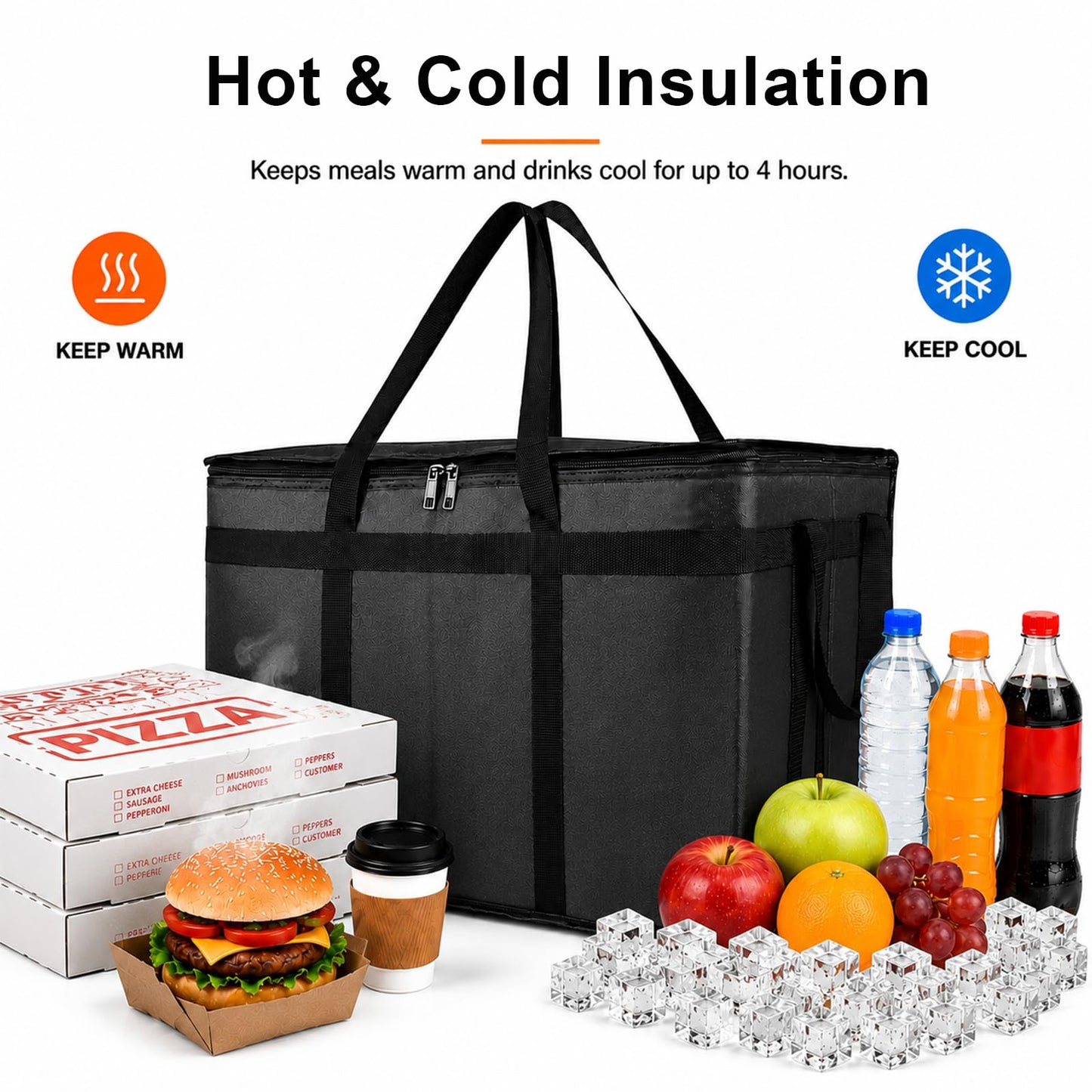 Cooler Insulated Food Delivery Bag & Drink Carrier with Hard Bottom, XXX-Large Pizza Bags for Commercial Food Delivery, Grocery Catering Travel Thermal Frozen Carrier, Cold Warmer Accessories
