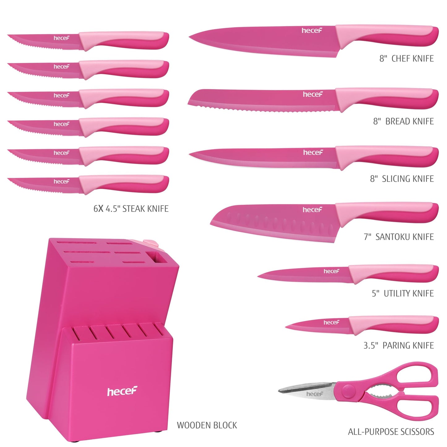 hecef 15 Pieces Kitchen Knife Set with Built-in Sharpening Wooden Block, Dishwasher Safe, High Carbon Stainless Steel Knife Block Set with Steak Knives, Kitchen Scissors, Hot Pink