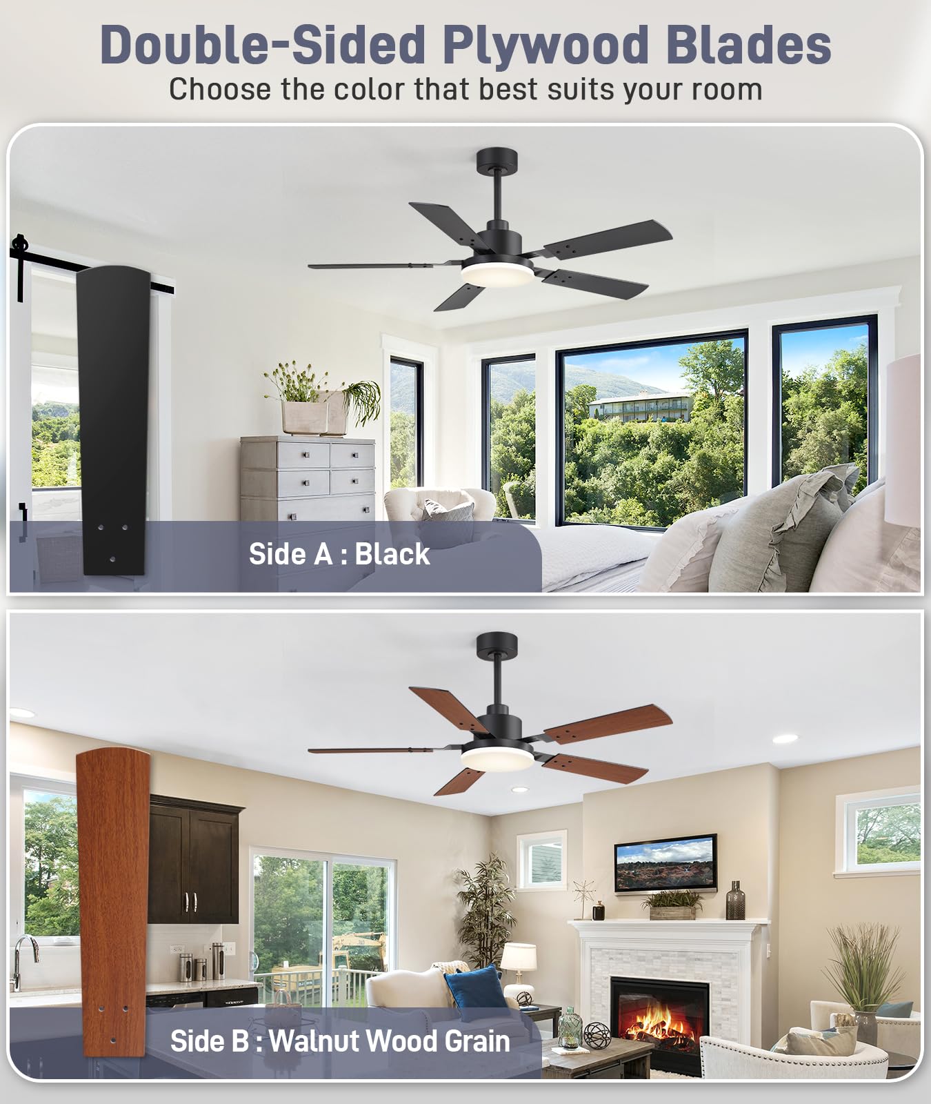 ZYD Ceiling Fan Lights, 52" Ceiling Fans with Lights and Remote, Farmhouse Ceiling Fans with Light Quiet Reversible DC Motor, Dual-Finish LED Ceiling Fan Light for Living Room, Bedroom, Kitchen