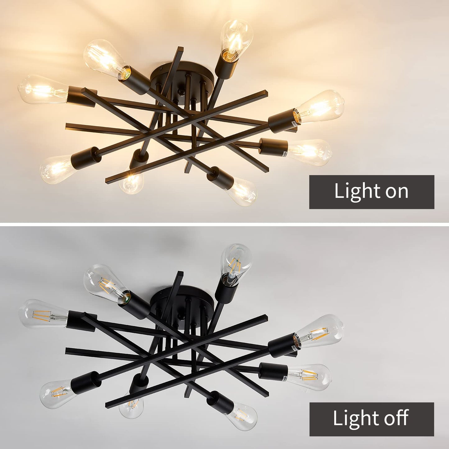 ASGYISA 8-Lights Semi Flush Mount Ceiling Light Fixture，Modern Black Vintage Metal Sputnik Chandelier， Ceiling Lamp for Bedroom Kitchen Dining Room Living Room with E26 Bulb Base