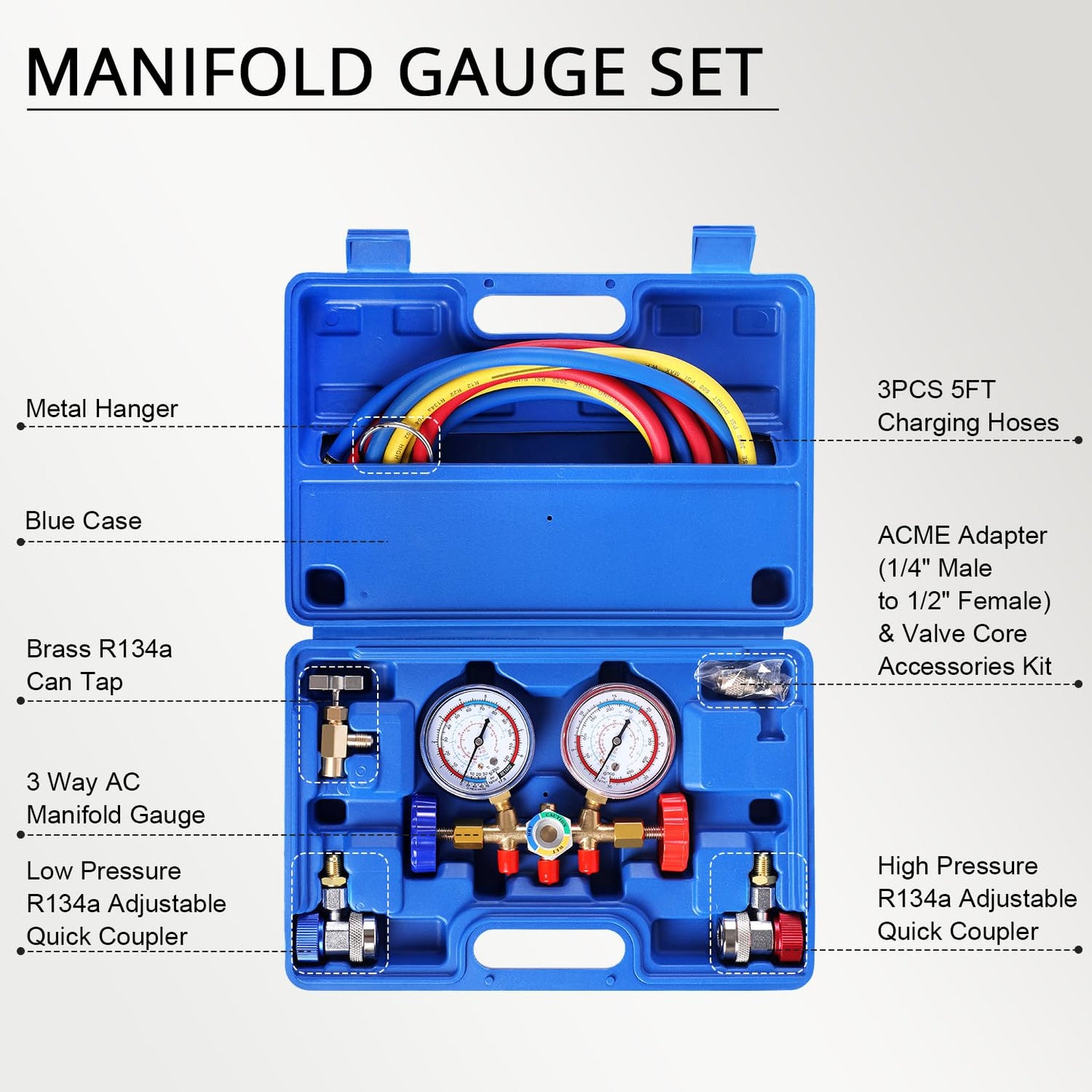 YSTOOL 3 Way AC Manifold Diagnostic Gauge Refrigerant Charging Set for Air Conditioner HVAC R134a R404a Freon with 5FT Hose R134a Adjustable Quick Couplers Can Tap Acme Adapter
