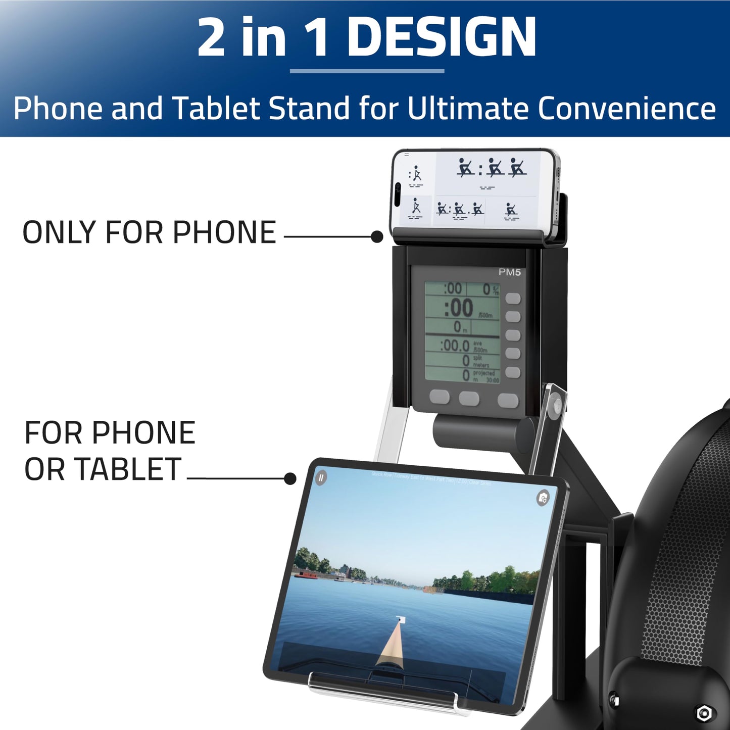 Phone & Tablet Holder Compatible with Concept 2 Rowing Machine & Skierg with PM5 Monitor, Phone & Tablet Mount, Rower Accessories, 2-in-1 Tablet Stand for Model D&E and Rowerg, Patent Pending