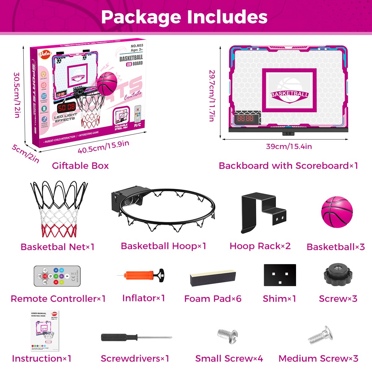 VATOS Basketball Hoop for Girls Indoor, Pink Remote Control Basketball Hoop with Electronic Scoreboard, Mini LED Basketball Hoop Basketball Set Toys Birthday Gifts for 3 4 5 6 7 Years Old Kids Girls