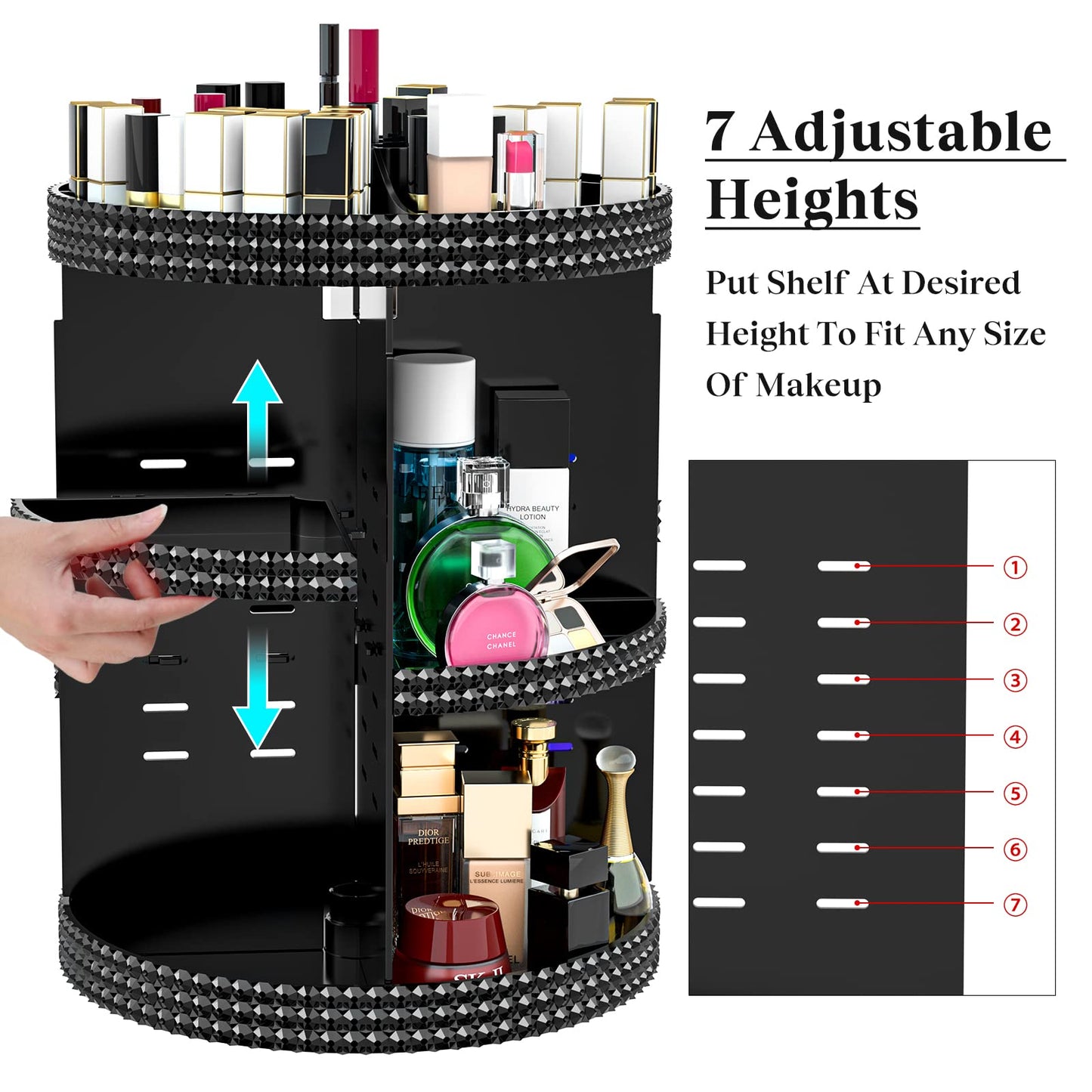 Famitree Black 360 Makeup Organizer Degree Rotating, 7 Layers Large Capacity Cosmetic Storage, Acrylic Makeup Organizers, Organizador De Perfumes Fits Makeup Brushes, Lipsticks, Bathroom, Black