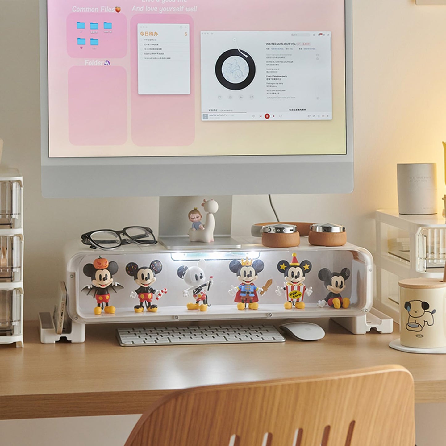 WMM Monitor Stand Riser, Computer Monitor Stand with Drawer and Display Minifigures, Computer Desktop Stand with Lights, Removable Elevated Structure, Compatible with Computers, Desktops, and Laptops
