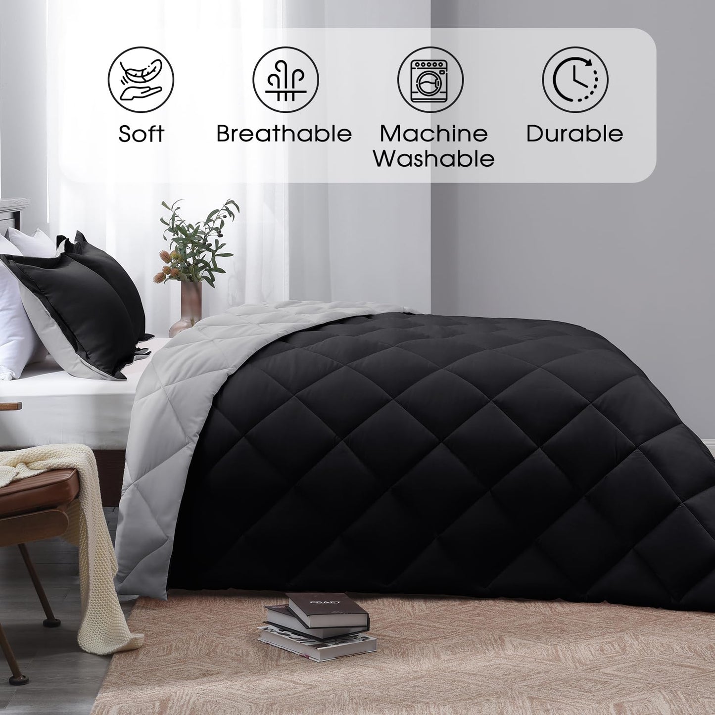 Basic Beyond California King Comforter Set, Black Comforter Set California King for All Seasons, 1 Comforter 104"x96" and 2 Pillow Shams 20"x36"+2"