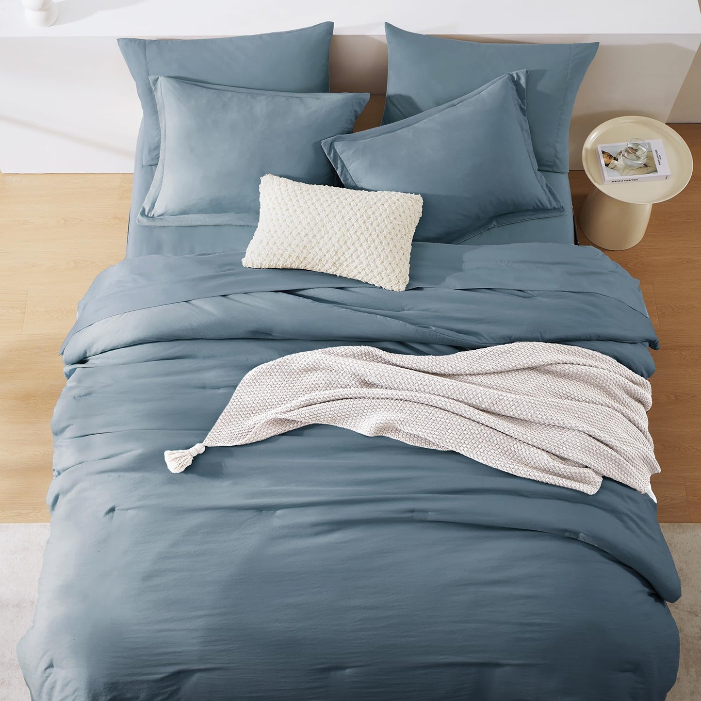 WRENSONGE Queen Comforter Set- 7 Pieces Soft Oxford Blue Bed in a Bag with Fitted Sheet, Flat Sheet, 2 Pillow Shams, and 2 Pillowcases- Warm Bedding Sets Queen for All Season