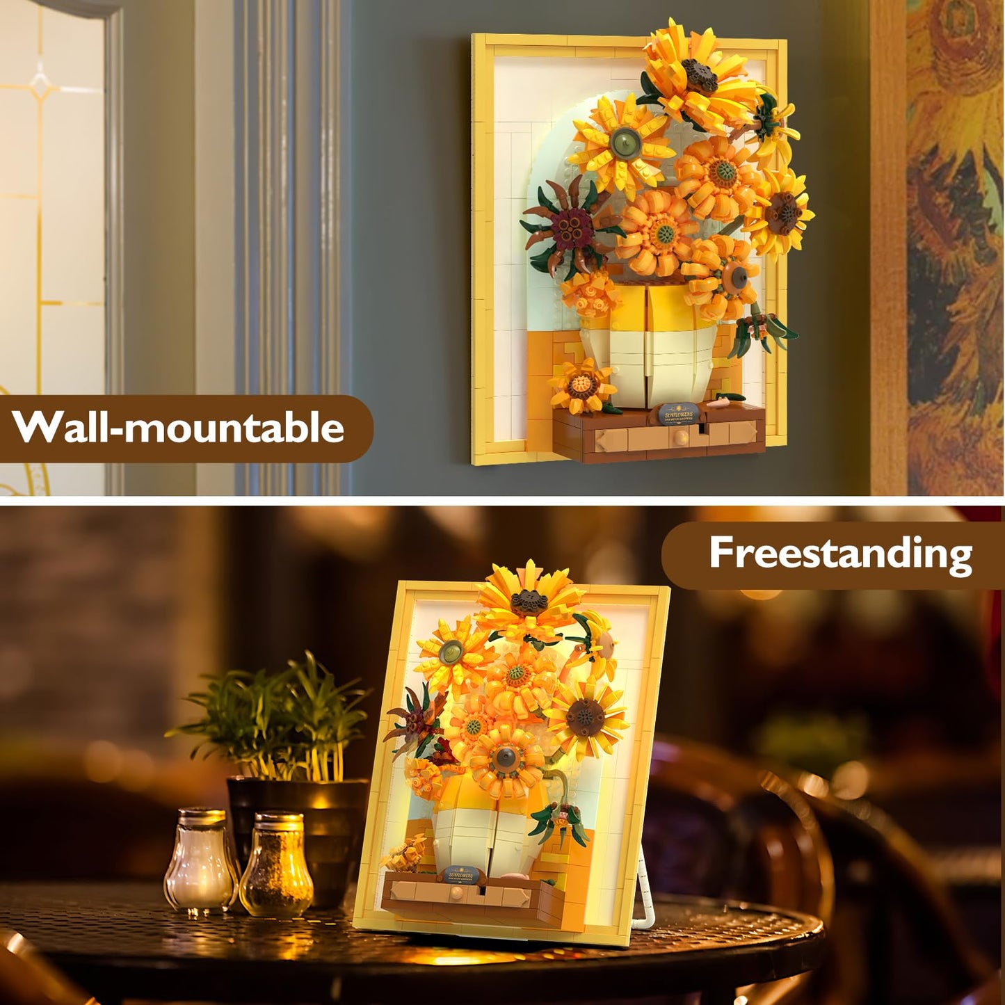 JMBricklayer Flowers Sunflower Building Sets for Adults with Lights 70004, Van Gogh Wall Art Crafts, Plants Painting Frame for Room Home Office Decor, Flower Birthday Gifts Ideas for Women Girls Teens