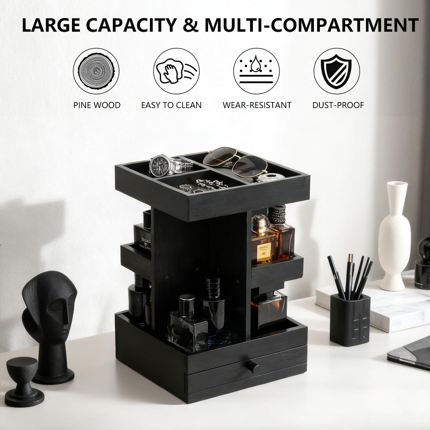 VYNOPA Rotating Cologne Organizer for Men – Black Wooden Perfume Stand with Dual Drawers, Multi-Tier Fragrance Display & Jewelry Storage for Dresser or Bathroom